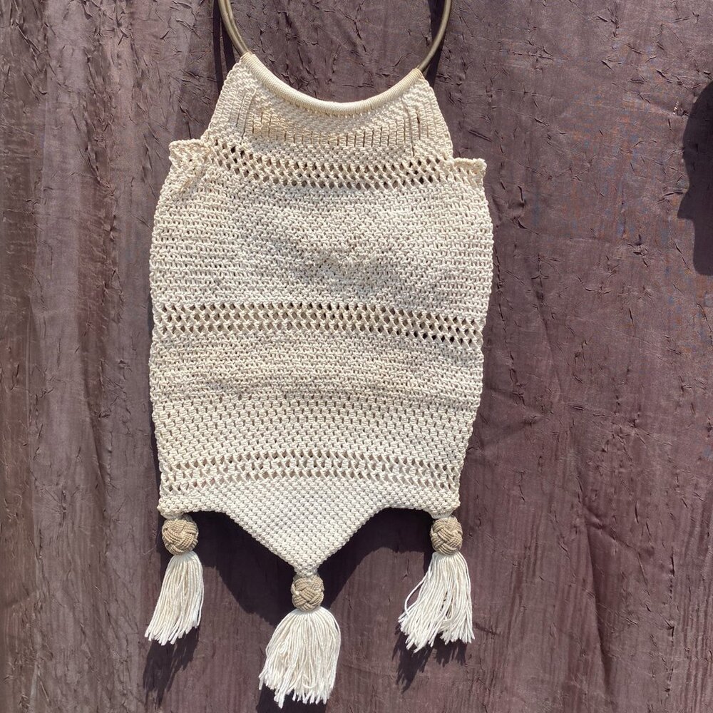 Vintage 1970s Crochet Macrame Handbag | Cream Tasseled Brass Handle Purse